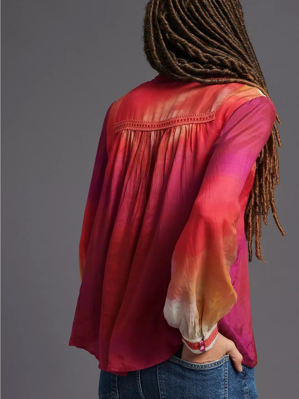 Conditions Apply Tie-Neck Ombre Peasant Blouse in Warm Sunset Colors - Picture 2 of 8